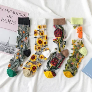 Hot Sale Transparent Glass Silk Tube Women Socks Summer Thin Casual Short Ankle Socks Casual Art Floral Flower Socks
